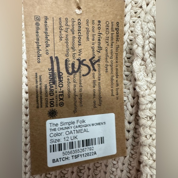 The Simple Folk Chunky Knit Cardigan Oatmeal Organic Cotton Size UK 12 US8 NWT - Picture 7 of 10